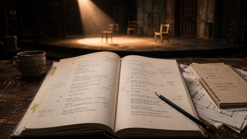 Libreto teatral anotado sobre una mesa frente a un escenario iluminado
