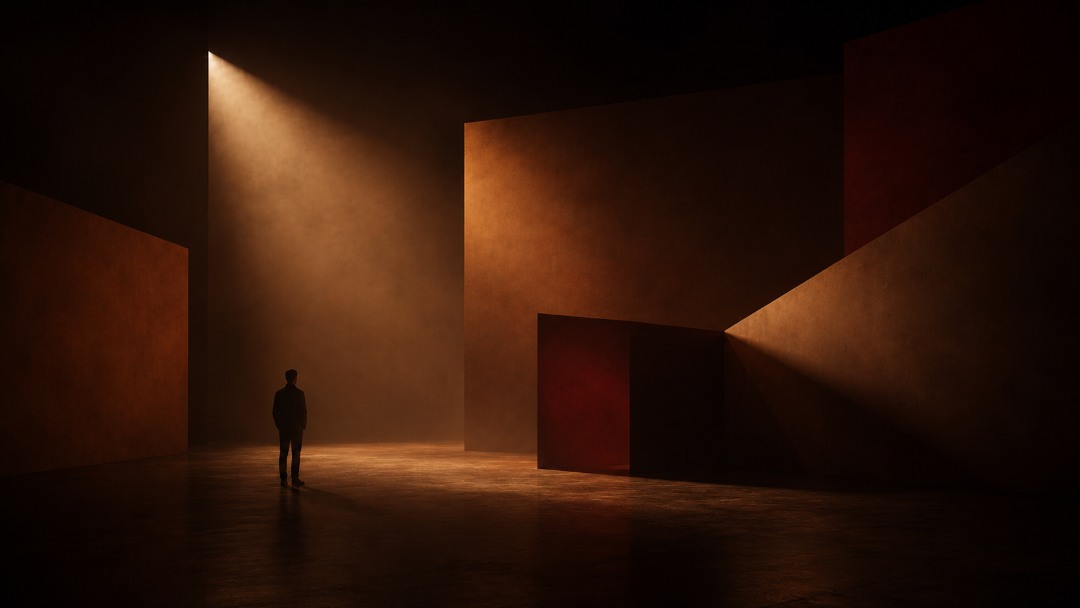 Espacio escénico abstracto con volúmenes geométricos y figura solitaria bajo una luz cálida